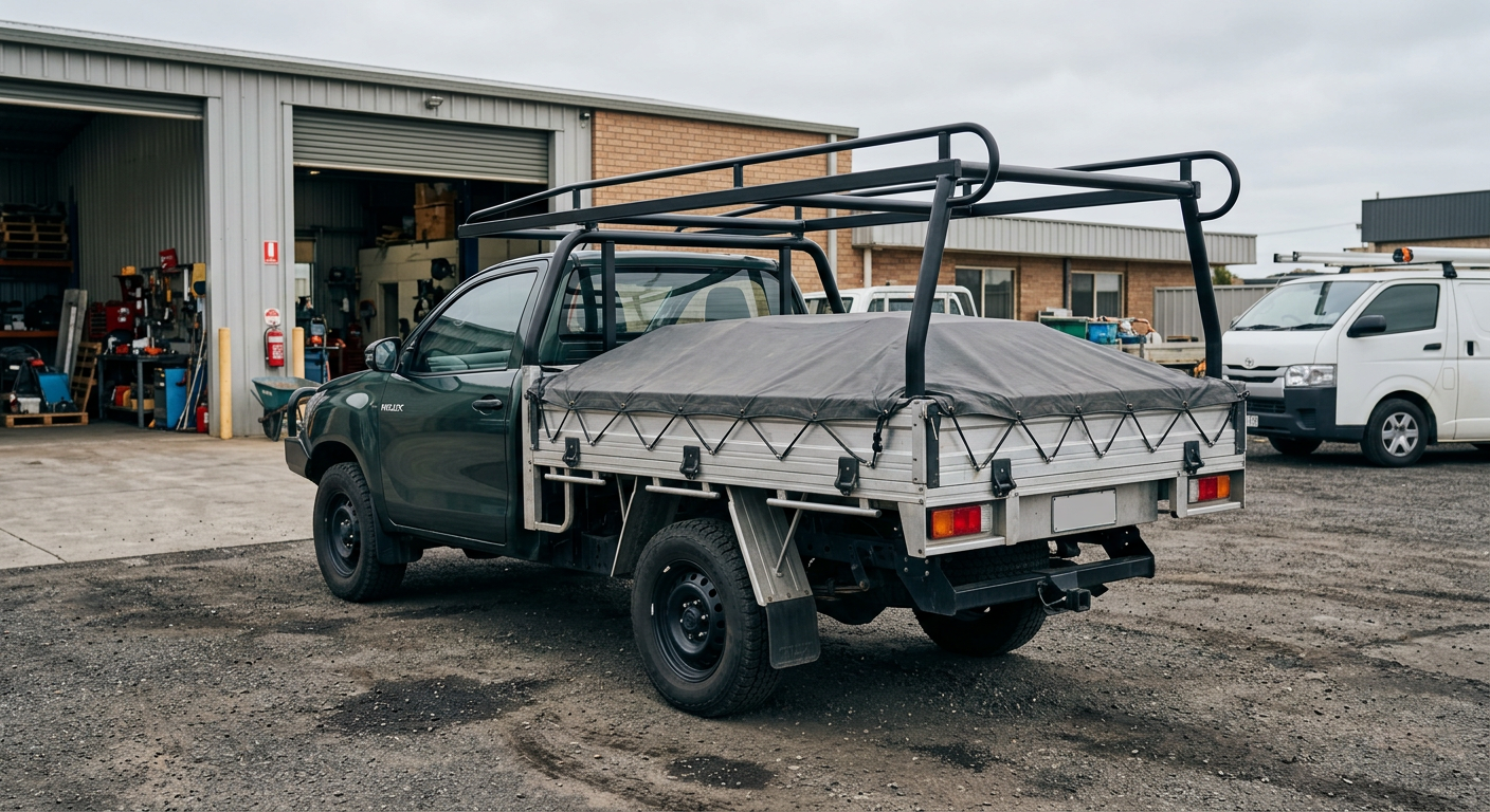 Utility vehicle with a fitted canvas tonneau cover and ladder rack