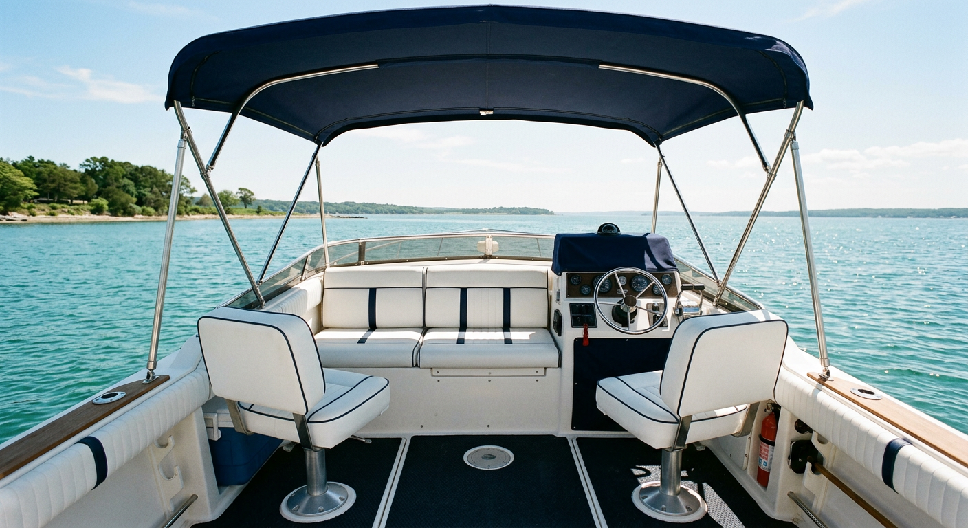 Boat cockpit with freshly upholstered marine vinyl seats and a canvas cover