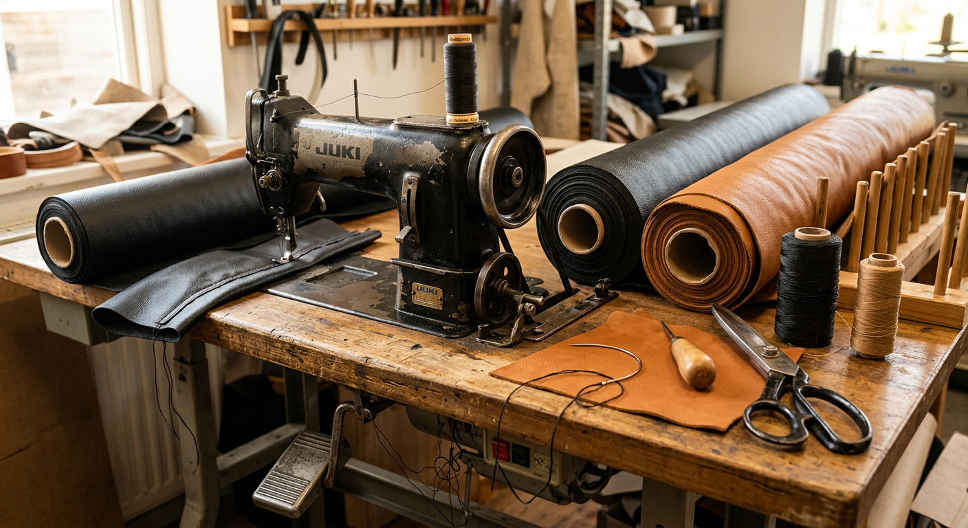Upholstery workbench with an industrial sewing machine, thread and rolls of leather and vinyl